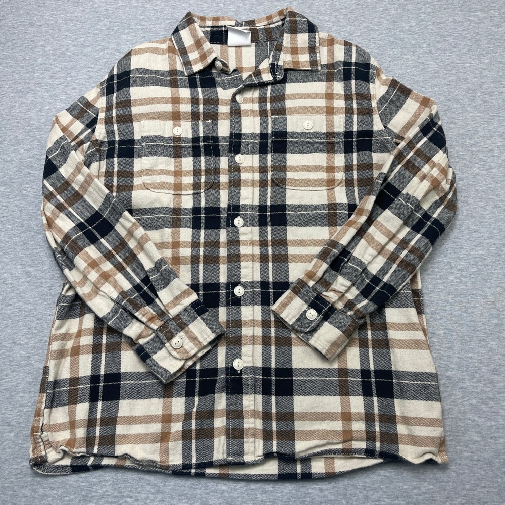 Gap Kids Flannel Shirt Boys L 10 Husky Plaid Blue Tan Button-down EUC Bundle Two - Picture 2 of 9